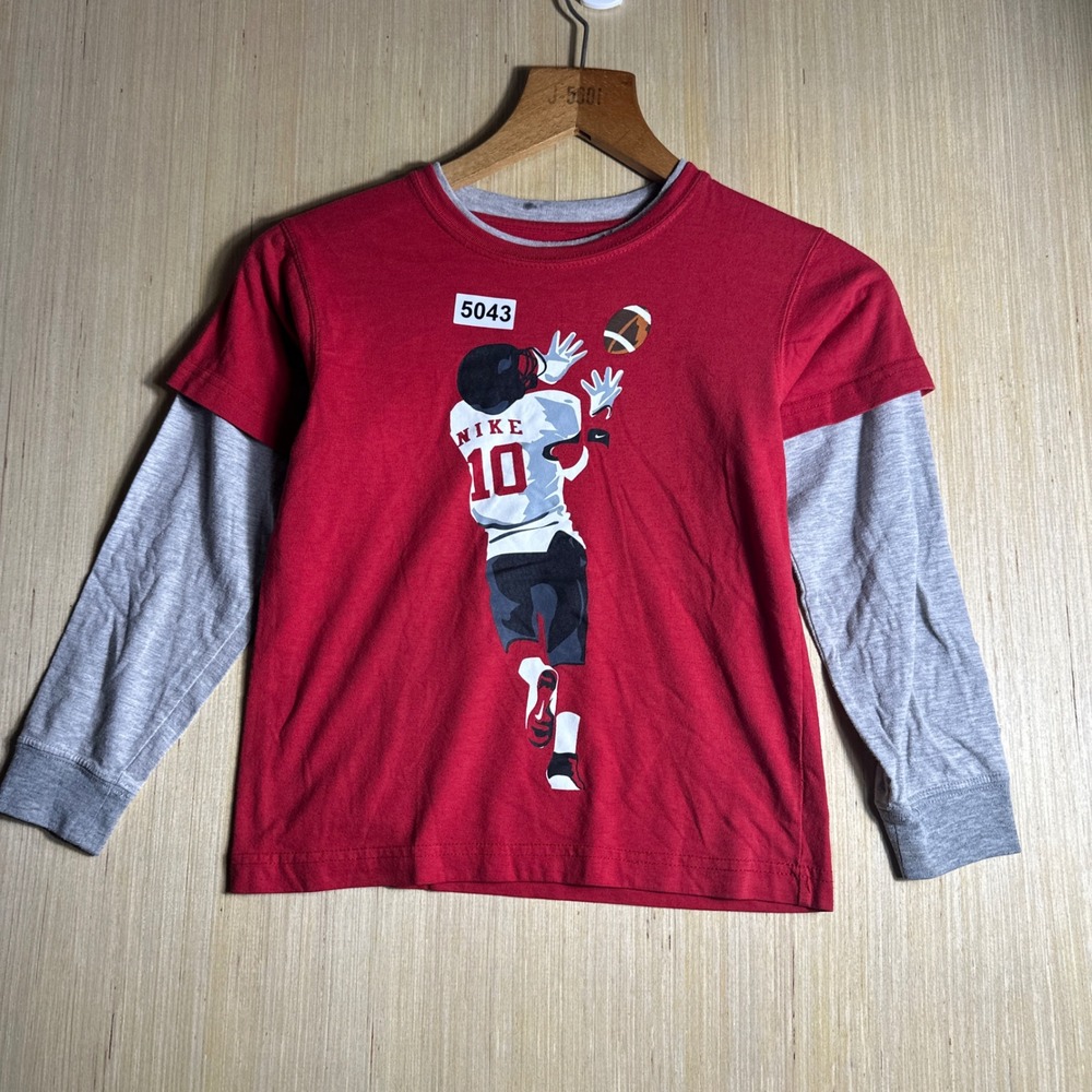 Nike T Shirt Kids Size 7 Red Grey Football Graphic Layered Long Sleeve Tee